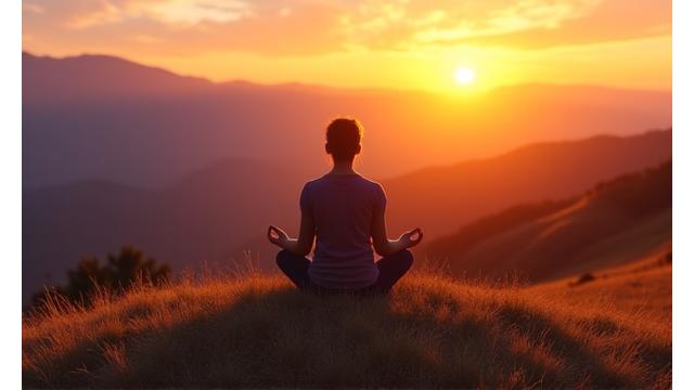 Persona meditando al atardecer sobre una colina.