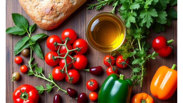 Variedad de alimentos coloridos y saludables sobre una mesa de madera.