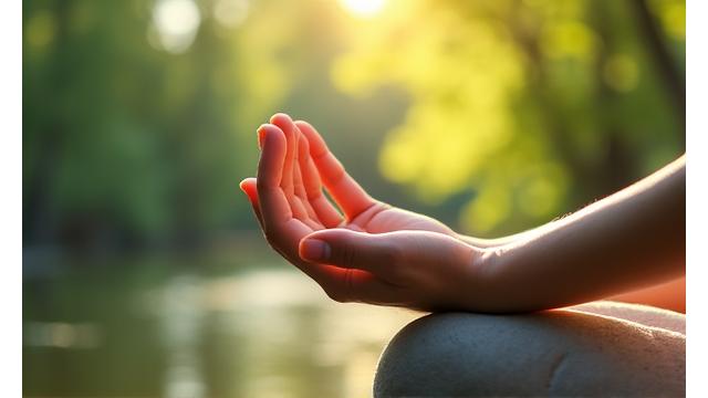 Manos en posición de meditación, con un fondo suave de naturaleza, representando mindfulness.