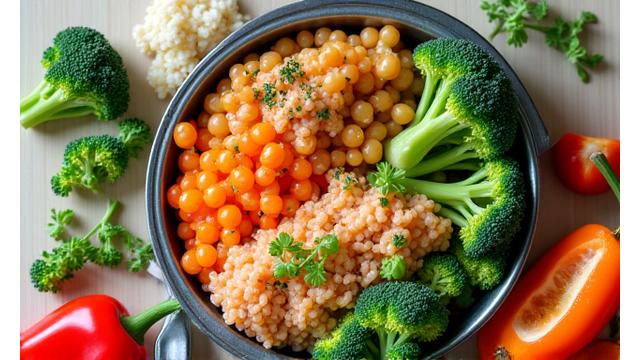 Plato saludable con verduras frescas y salmón, simbolizando nutrición inteligente.