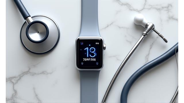 Reloj inteligente y estetoscopio sobre una mesa, representando tecnología en salud.