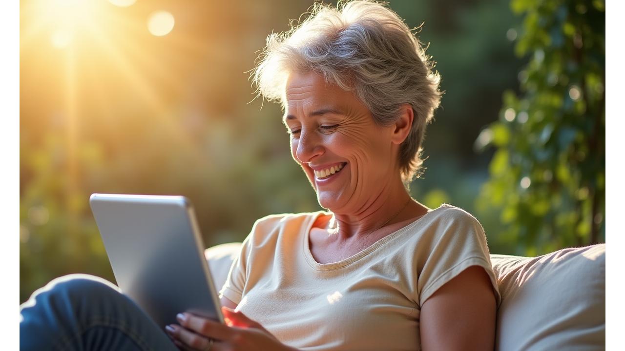 Mujer sonriente de mediana edad, leyendo una tableta en un jardín soleado, simbolizando bienestar y conocimiento.