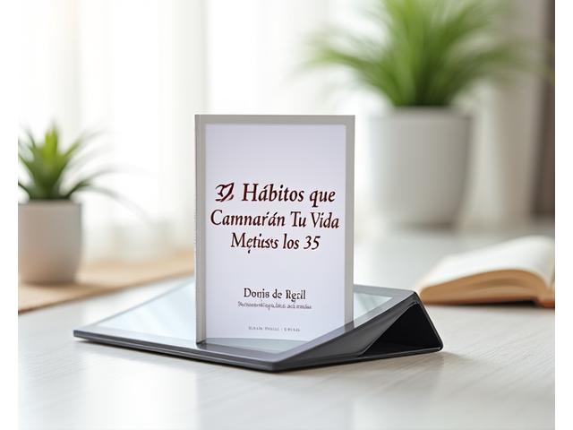 Guía digital con un título que dice '30 hábitos que cambiarán tu vida después de los 35', sobre una tableta.
