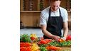 Hombre adulto cocinando con vegetales frescos en una cocina moderna.