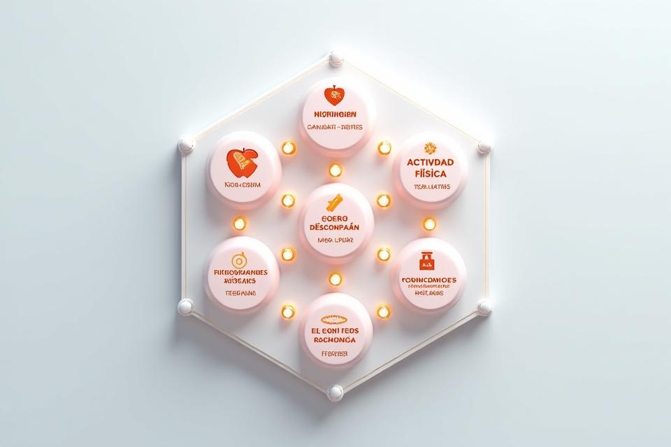 Un gráfico hexagonal o circular interconectado que representa las seis dimensiones del bienestar: Nutrición, Actividad Física, Sueño, Estrés, Conexiones Sociales y Propósito.