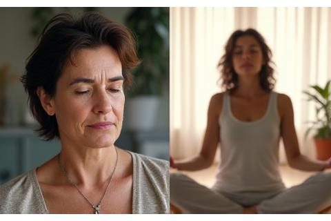 Carmen, 55 años, antes con expresión de preocupación y después relajada y sonriente.