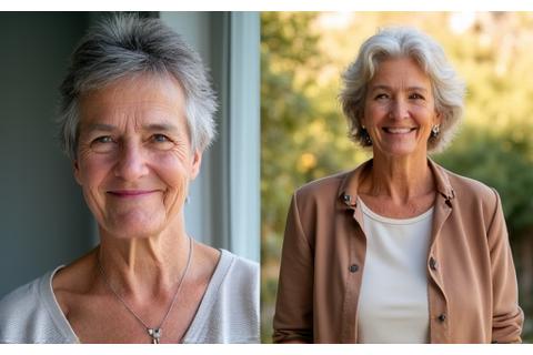María, 58 años, antes con apariencia cansada y después radiante y con energía.