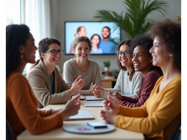 Grupo diverso de adultos interactuando felizmente en un foro en línea sobre salud y bienestar