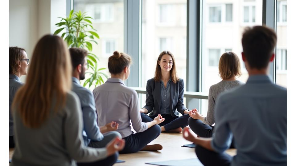 Grupo de profesionales de diversidad de edades y géneros participando en un taller de mindfulness en una oficina moderna, con un instructor guiándolos. La escena es colaborativa y tranquila.