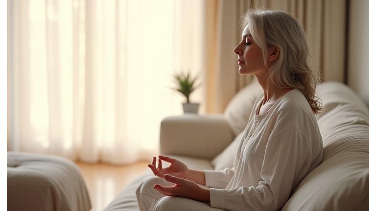 Mujer adulta mayor de 35 años meditando en un entorno sereno, con una sutil luz cálida y elementos naturales que transmiten calma y concentración.