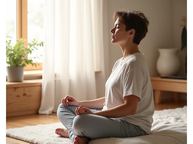 Persona sentada en posición de loto, meditando con ojos cerrados, en un entorno minimalista que evoca tranquilidad y concentración.