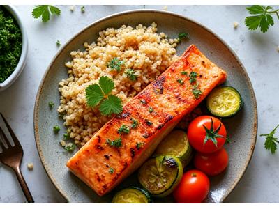 Plato de salmón con quinoa y verduras asadas, representando un menú saludable y delicioso.