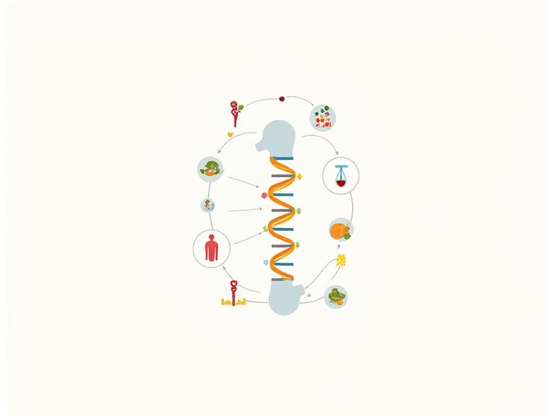 Infografía ilustrativa mostrando la relación entre ADN, microbiota intestinal y moléculas de alimentos para la nutrición de precisión.