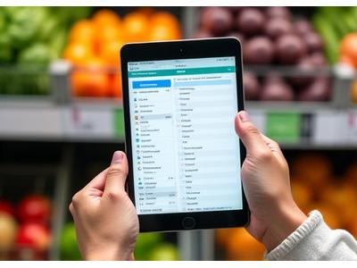 Persona usando una tableta para revisar una lista de compras de abarrotes con iconos de alimentos.