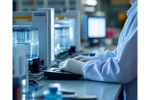 Manos de científico trabajando en un laboratorio limpio con equipos de cromatografía y análisis de ADN.