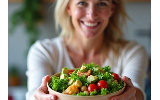 Mujer sonriente comiendo ensalada fresca, símbolo de control de peso saludable
