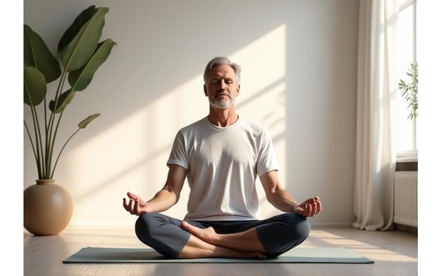 Hombre adulto meditando tranquilamente en un entorno natural