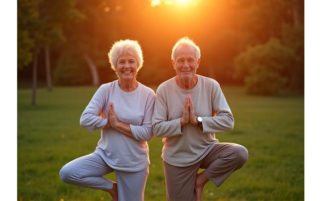 Pareja adulta haciendo yoga en un parque al amanecer, simbolizando longevidad
