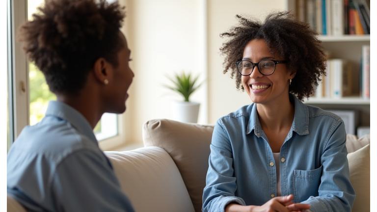 Un coach de salud sonriente interactuando con un cliente en una sesión, mostrando apoyo personalizado.