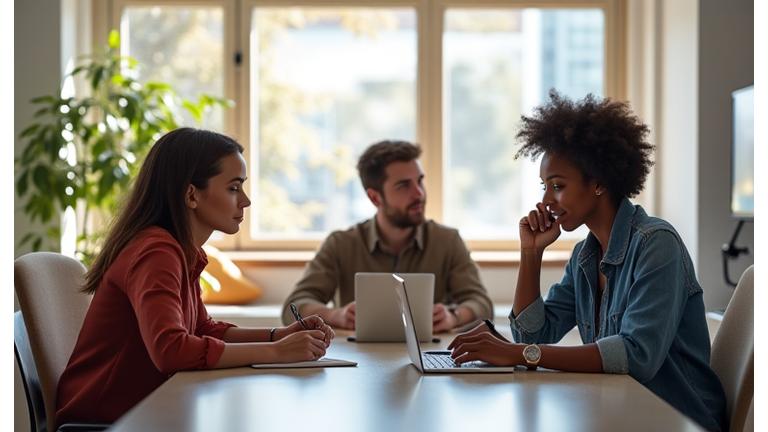 Miembros del equipo de atención al cliente y contenido de Vida Serena colaborando en un espacio de trabajo luminoso.