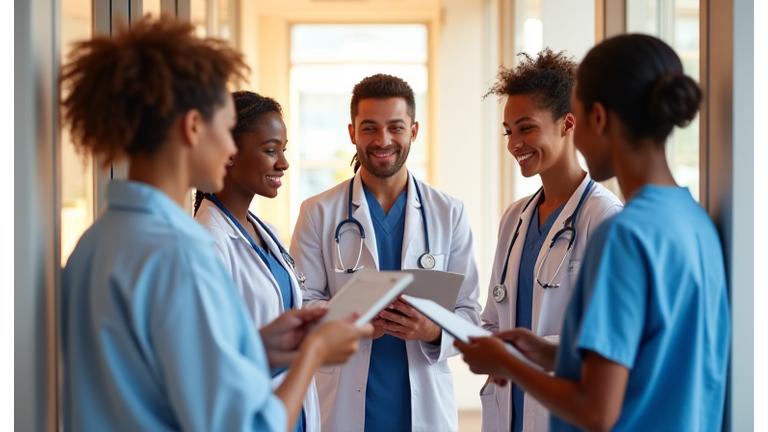 Un equipo de profesionales médicos de Vida Serena consultando juntos en un entorno limpio y moderno.