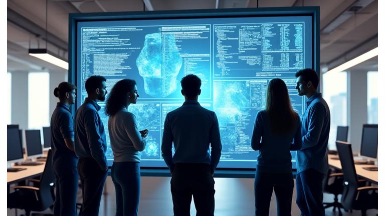 Un equipo de desarrolladores de software y biomedicina trabajando en un entorno tecnológico moderno, con pantallas de código y diagramas.