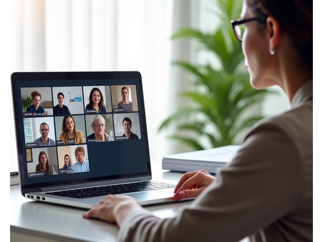 Persona participando en una videollamada interactiva con gráficos y otros participantes