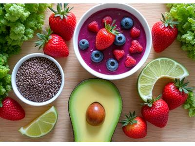 Tazones coloridos con superfoods, frutos secos y frutas frescas sobre una mesa de madera rústica.