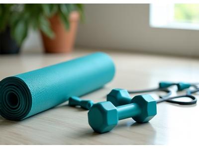 Equipamiento de fitness compacto como bandas de resistencia, mancuernas ligeras y esterilla de yoga en un espacio hogareño.