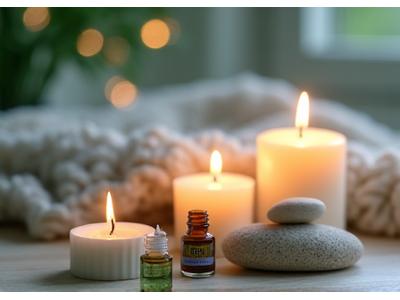 Velas aromáticas, aceites esenciales en frascos de ámbar y un pequeño buda zen, para mindfulness.
