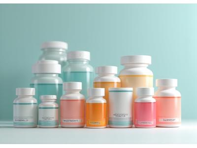Frascos de suplementos vitamínicos y minerales con un diseño limpio, sobre una superficie clara.