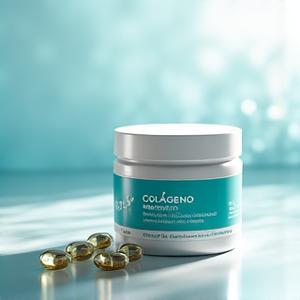 Envase de Colágeno Marino Premium con péptidos, diseño elegante y minimalista.