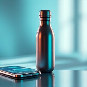Botella de agua inteligente con conectividad Bluetooth, mostrando la aplicación en un teléfono.