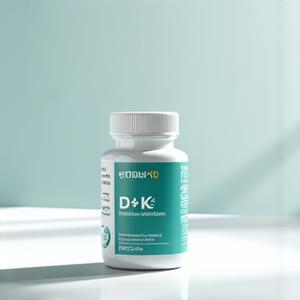 Frasco de Vitamina D3+K2 para huesos fuertes, con etiqueta clara.