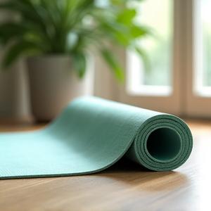 Esterilla de yoga ecológica enrollada, con un patrón suave y natural.