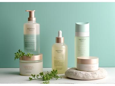 Productos de cuidado personal natural: cremas, sueros y limpiadores faciales en envases minimalistas.